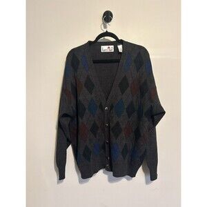 Vintage Florence Tricot Arygle Cardigan Sweater Mens L Gray V Neck Made in Italy
